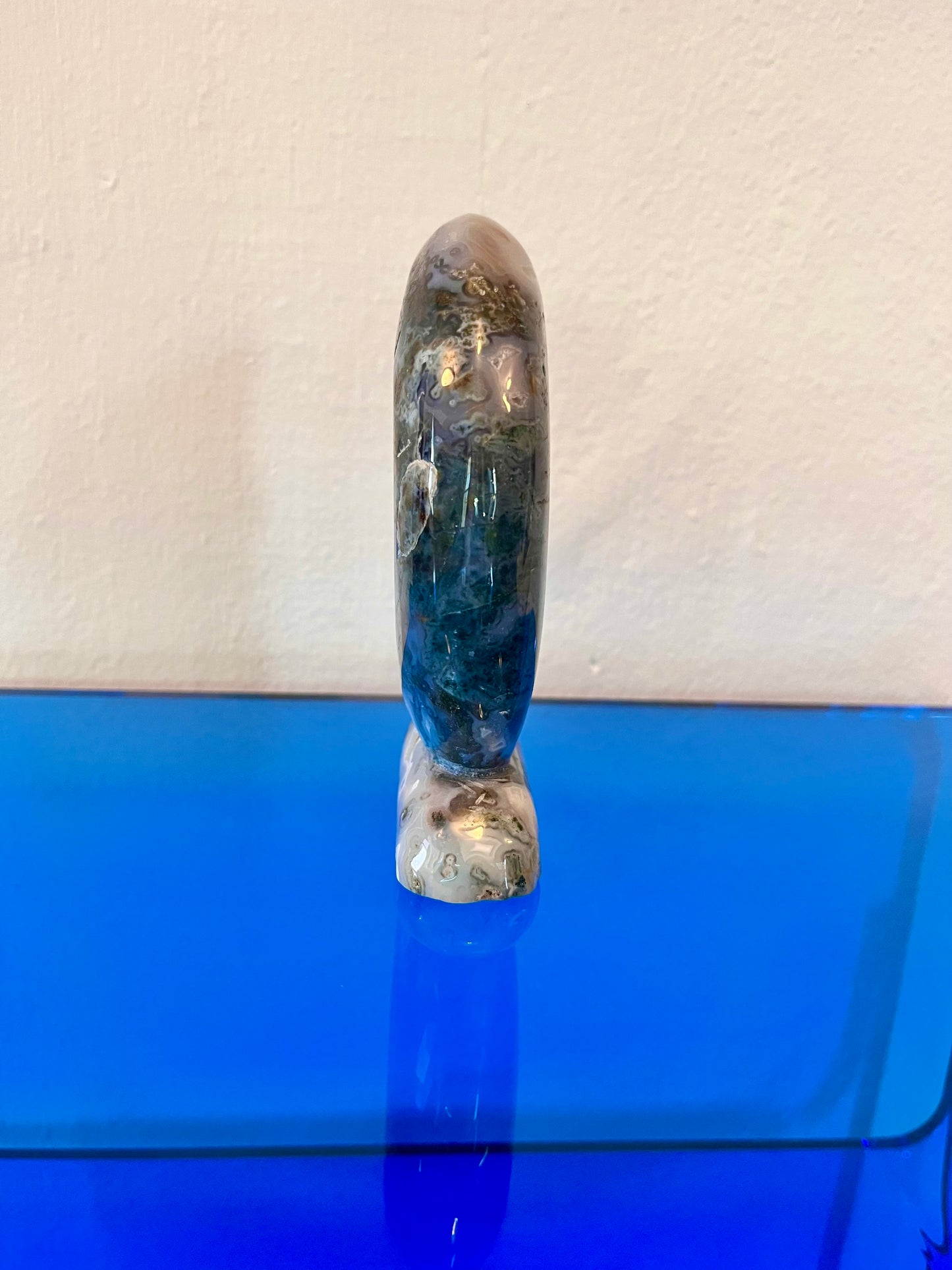 Moss agate moon carving